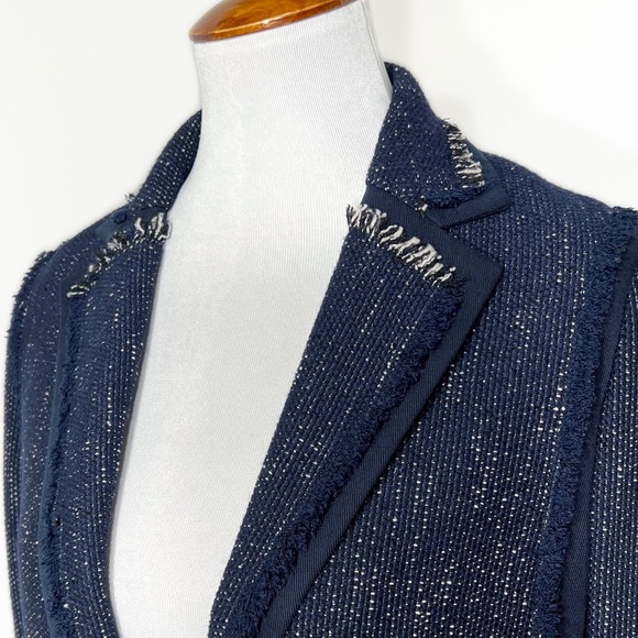 Vince Navy Blue Fringe Tweed Long Sleeve Open Front Blazer Jacket Size Small - Picture 3 of 14
